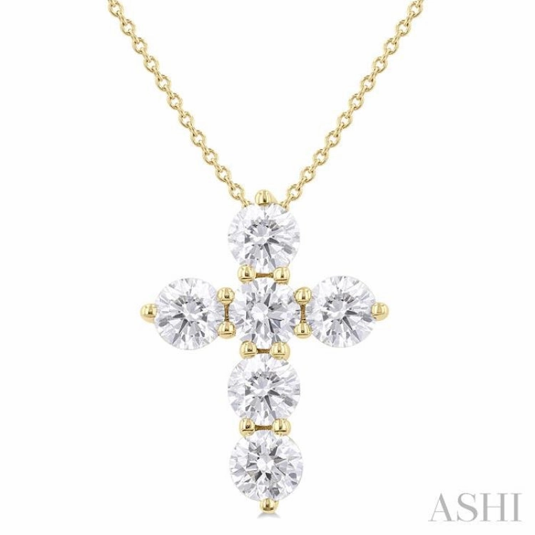 2 Ctw Round Cut Diamond Christian Cross 6-Stone Fashion Pendant With Chain in 14K Yellow Gold Modern Twist