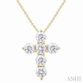 2 Ctw Round Cut Diamond Christian Cross 6-Stone Fashion Pendant With Chain in 14K Yellow Gold Modern Twist