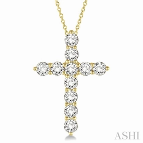 2 Ctw Round Cut Diamond Cross Pendant in 14K Yellow Gold with Chain Engagement Party
