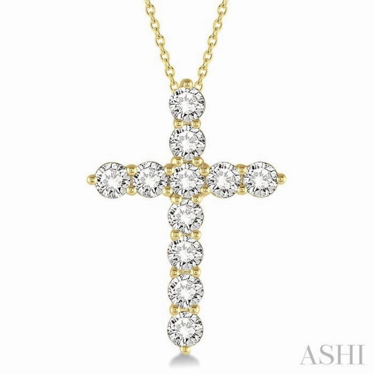 2 Ctw Round Cut Diamond Cross Pendant in 14K Yellow Gold with Chain Engagement Party