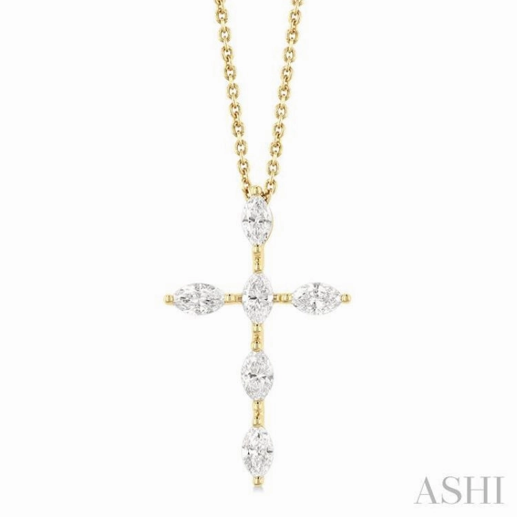 Shared Jewelry For Graduation 3/4 Ctw Cross 6-Stone Marquise Cut Diamond Fashion Pendant With Chain in 14K Yellow Gold