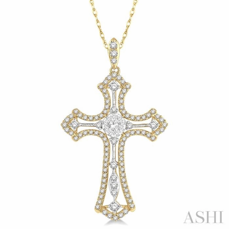 Cultural Event For Luck 3/4 Ctw Lovebright Round Cut Diamond Cross Pendant in 14K Yellow and White Gold with chain