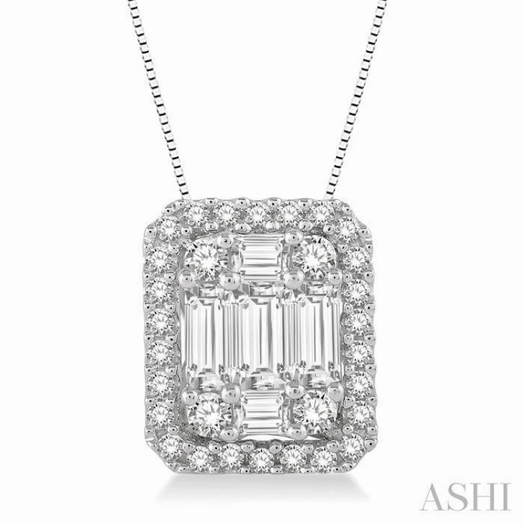 Lively Highlight Fashion Trend 3/4 Ctw Octagonal Baguette & Round Cut Diamond Pendant With Box Chain in 14K White Gold