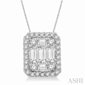 Lively Highlight Fashion Trend 3/4 Ctw Octagonal Baguette & Round Cut Diamond Pendant With Box Chain in 14K White Gold
