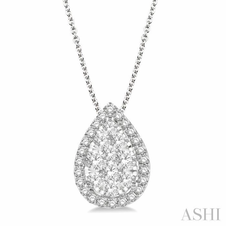 Group Piece 3/4 Ctw Pear Shape Lovebright Round Cut Diamond Pendant With Chain in 14K White Gold