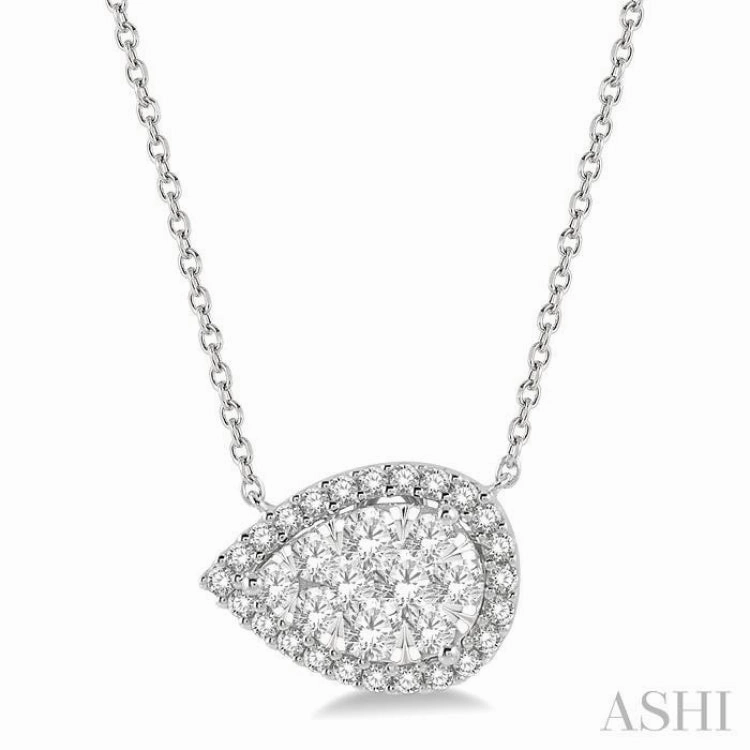 3/4 Ctw Pear Shape Round Cut Diamond Lovebright Pendant With Chain in 14K White Gold Lightweight Present