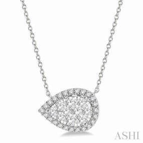 3/4 Ctw Pear Shape Round Cut Diamond Lovebright Pendant With Chain in 14K White Gold Lightweight Present