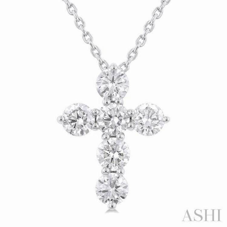 Everyday Gift 3/4 Ctw Round Cut Diamond Christian Cross 6-Stone Fashion Pendant With Chain in 14K White Gold