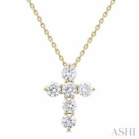 Classic Style Seasonal Adornment 3/4 Ctw Round Cut Diamond Christian Cross 6-Stone Fashion Pendant With Chain in 14K Yellow Gold