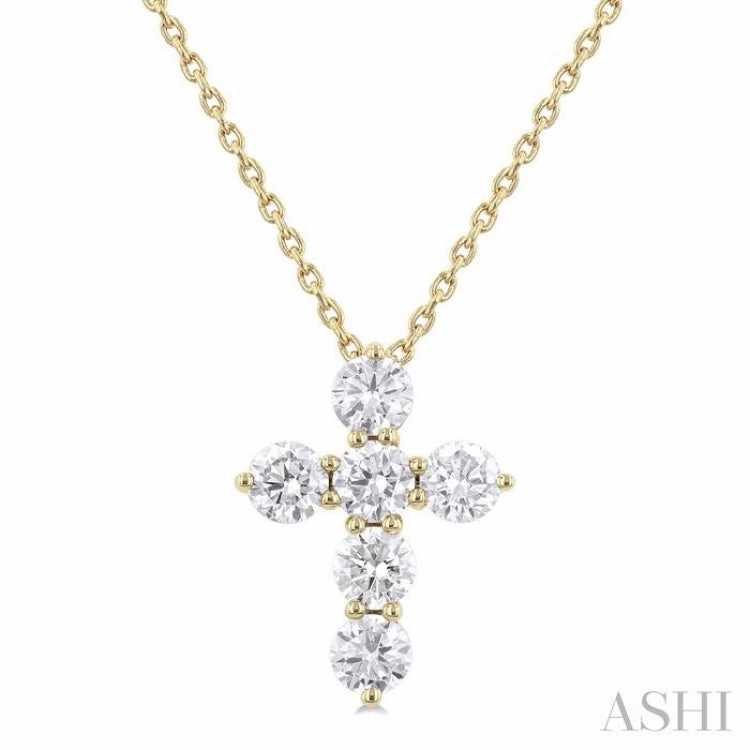Classic Style Seasonal Adornment 3/4 Ctw Round Cut Diamond Christian Cross 6-Stone Fashion Pendant With Chain in 14K Yellow Gold