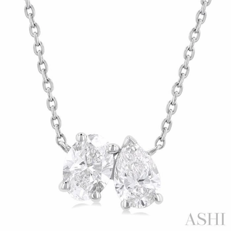 3/4 Ctw Toi Et Moi Oval and Pear Cut Diamond Pendant With Chain in 14K White Gold Marvelous Piece Office Outfit