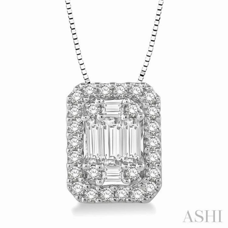 Machine Made Adornment 3/8 Ctw Octagonal Baguette & Round Cut Diamond Pendant With Box Chain in 14K White Gold
