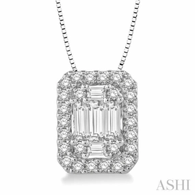 3/8 Ctw Octagonal Baguette & Round Cut Diamond Pendant With Box Chain in 14K White Gold Wonderful Adornment