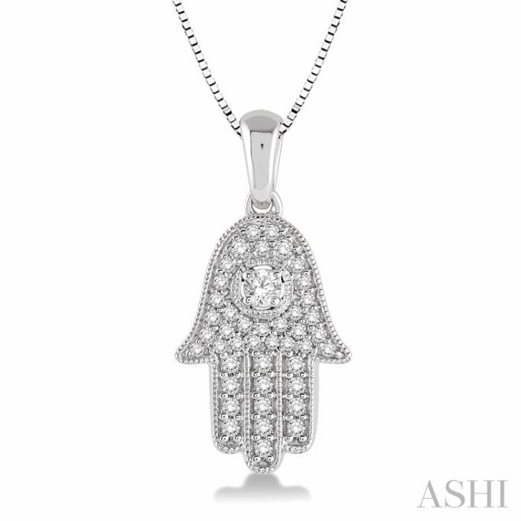 Custom Present 3/8 Ctw Round Cut Diamond Hamsa Pendant in 14K White Gold with Chain