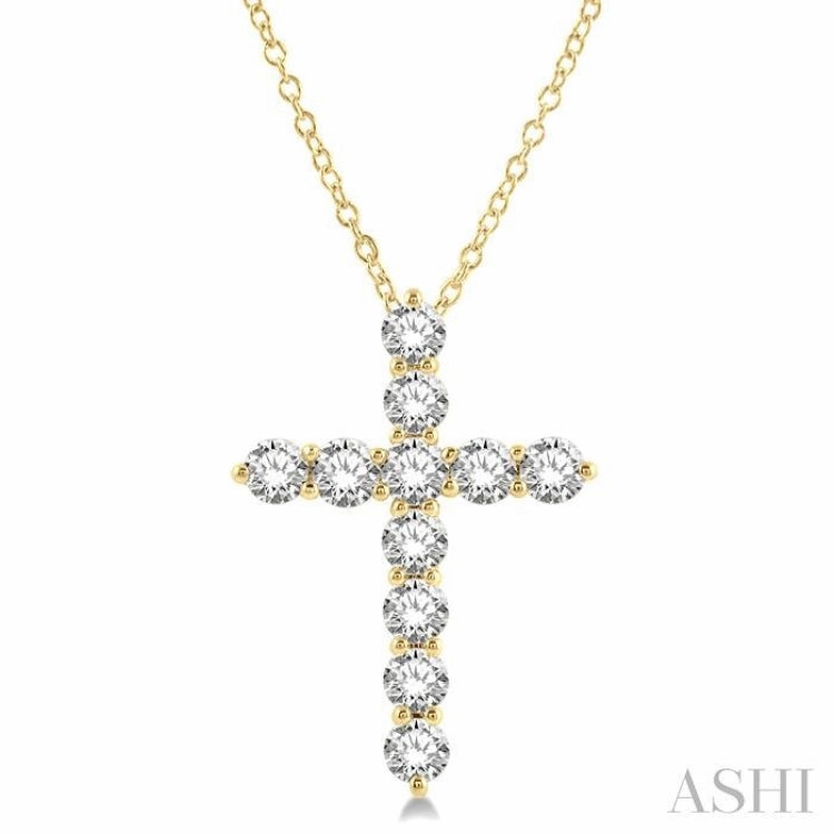 Artisan Ornament 3 Ctw Latin Cross Round Cut Diamond Pendant With Chain in 14K Yellow Gold