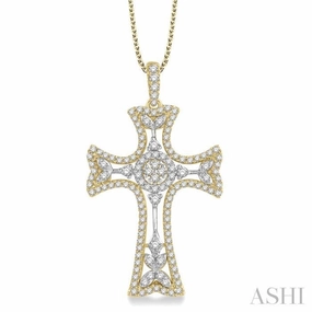 7/8 Ctw Round Cut Diamond Cross Pendant With Chain in 14K Yellow and White Gold City Gift Perennial Piece