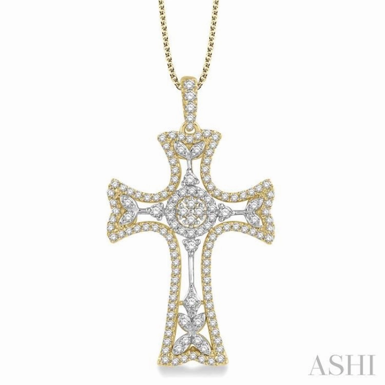 7/8 Ctw Round Cut Diamond Cross Pendant With Chain in 14K Yellow and White Gold City Gift Perennial Piece
