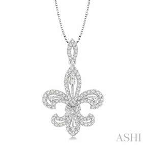 7/8 Ctw Round Cut Diamond Fleur De Lis Diamond Pendant in 14K White Gold with Chain youth trend Excellent Present