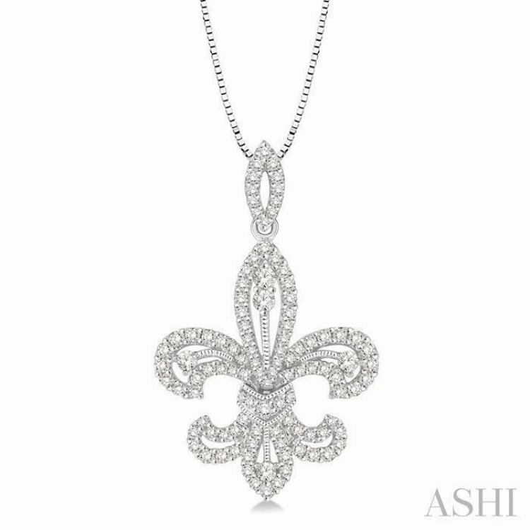 7/8 Ctw Round Cut Diamond Fleur De Lis Diamond Pendant in 14K White Gold with Chain youth trend Excellent Present