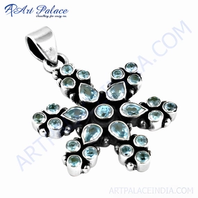 Presenting Adornment 925 Silver Flower Style Blue CZ Gemstone Pendant