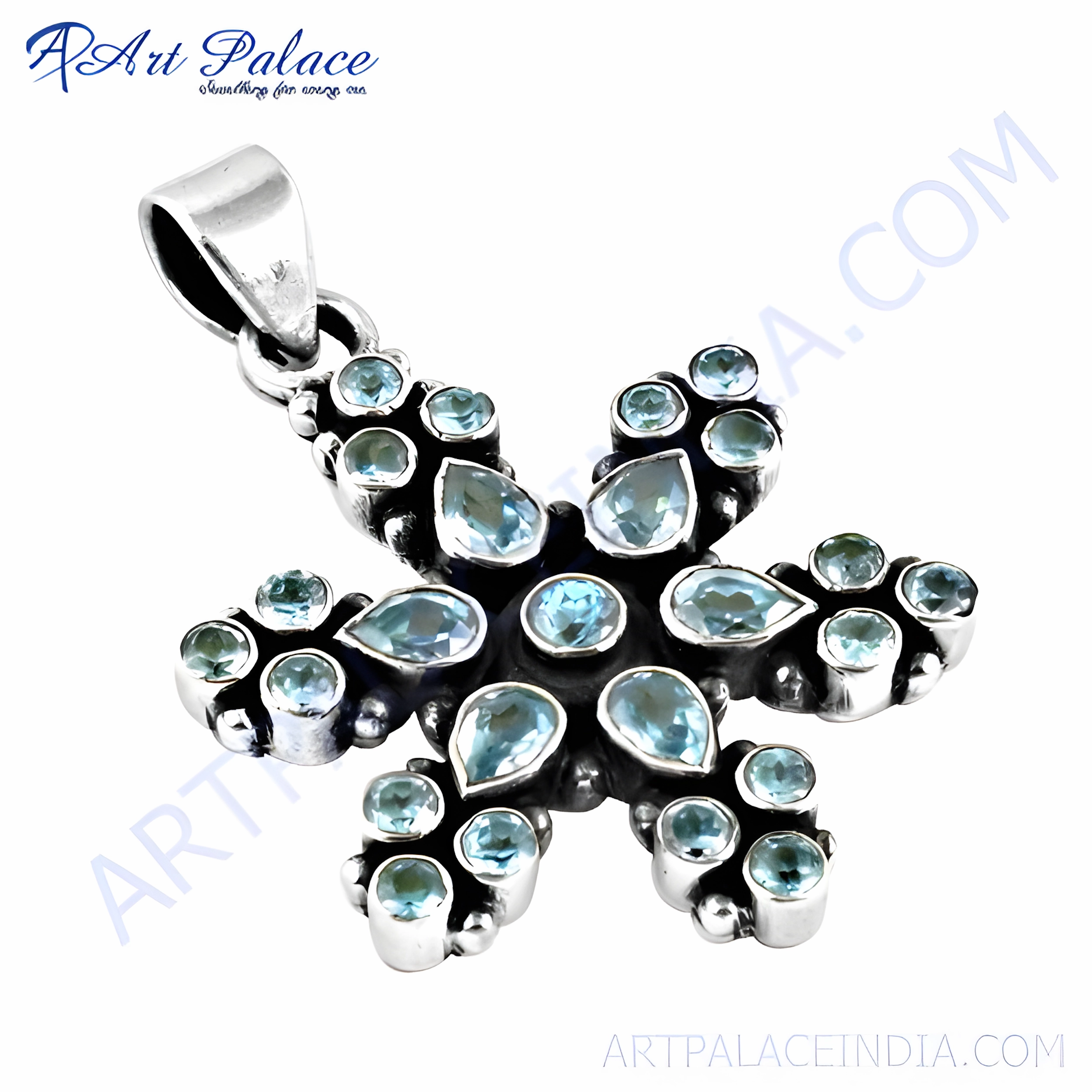 Presenting Adornment 925 Silver Flower Style Blue CZ Gemstone Pendant