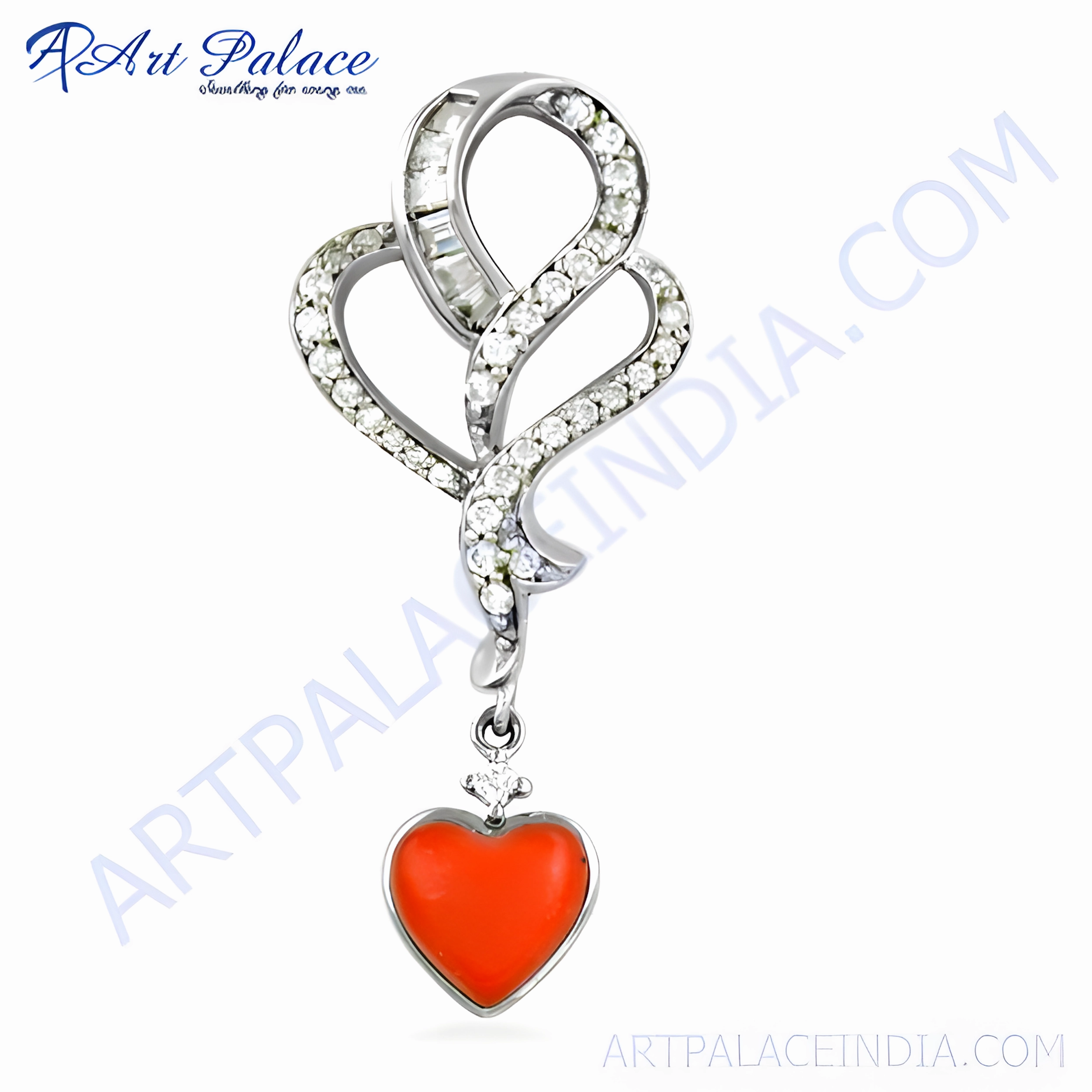 925 Silver Heart-Style CZ Pendant with Coral Gemstone Lovely Piece