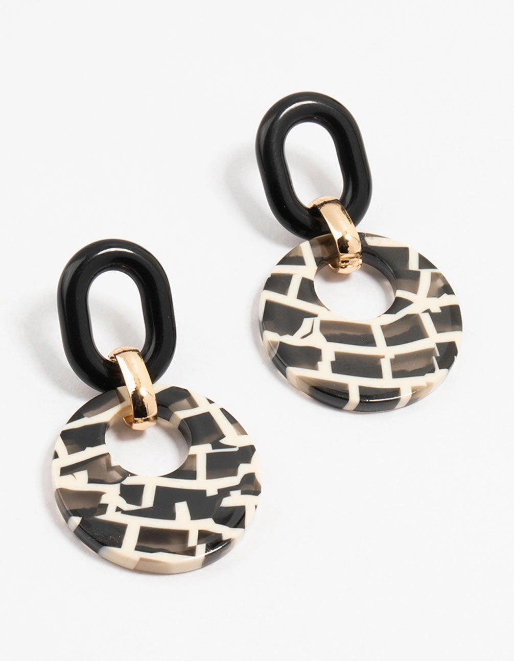 Exclusive Style Acrylic Black & White Checked Disc Drop Earrings