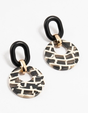 Exclusive Style Acrylic Black & White Checked Disc Drop Earrings