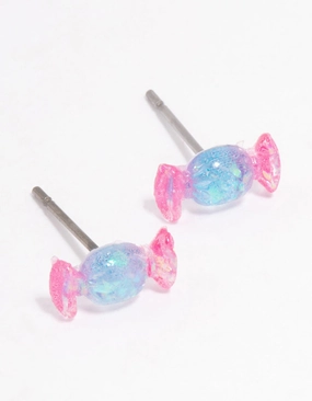 Flat Lay Acrylic Pink & Blue Holographic Lollipop Stud Earrings