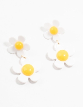 Acrylic White & Yellow Double Daisy Drop Earrings Vogue Feature Timeless Sparkle