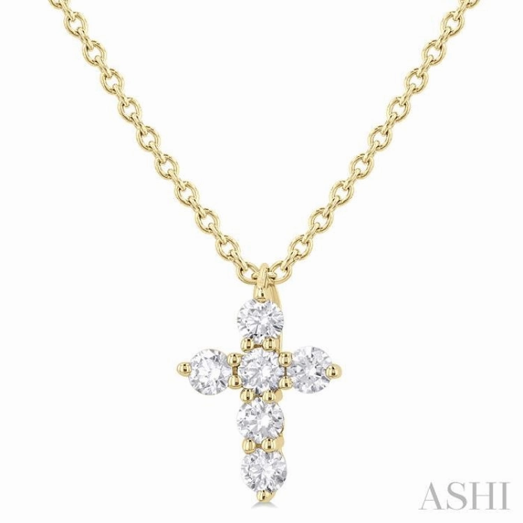 Limited Edition Adornment Frequently Used Item 1/6 Ctw Round Cut Diamond Christian Cross 6-Stone Fashion Pendant With Chain in 14K Yellow Gold