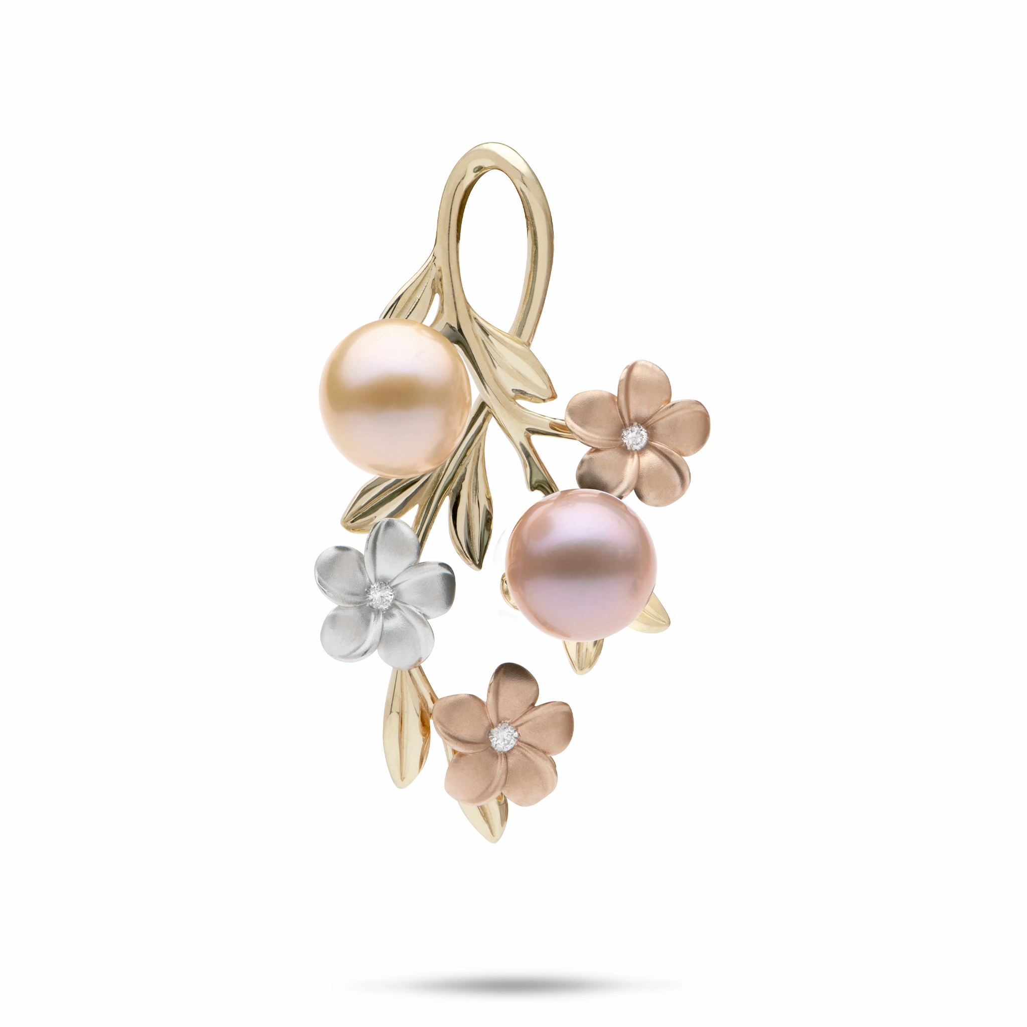 Festive Gift Artisan Ornament Pearls in Bloom Plumeria Freshwater Pearl Pendant in Tri Color Gold with Diamonds - 36mm