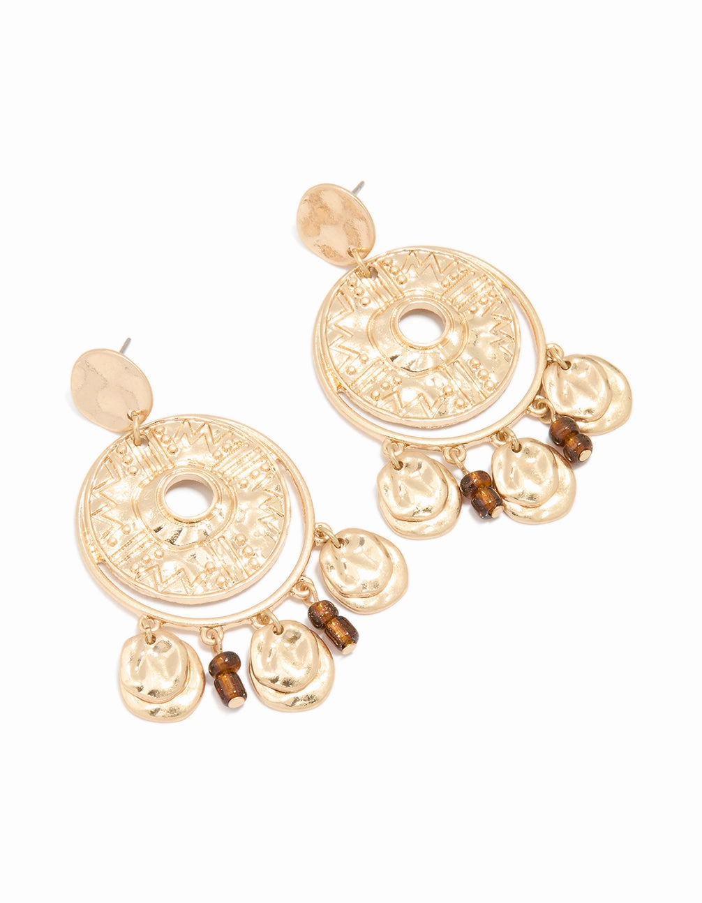 Daywear Fit Artisan Crafted Antique Gold Brown Beaded Textured Circle Drop Earrings