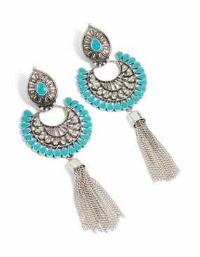 Antique Silver Blue Round Western Tassel Drop Earrings Distinctive pieces