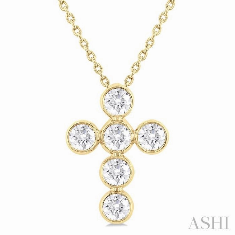 1 Ctw Round Cut Diamond 6-Stone Bezel Set Cross Pendant With Chain in 14K Yellow Gold Outdoor Gift