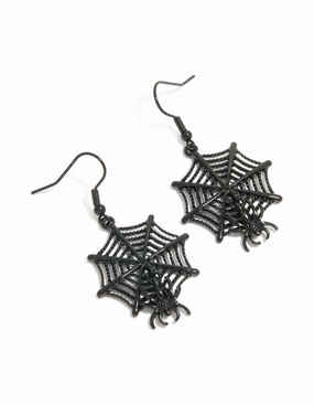 Exclusive Jewelry Black Coated Metal Spiderweb & Spider Drop Earrings