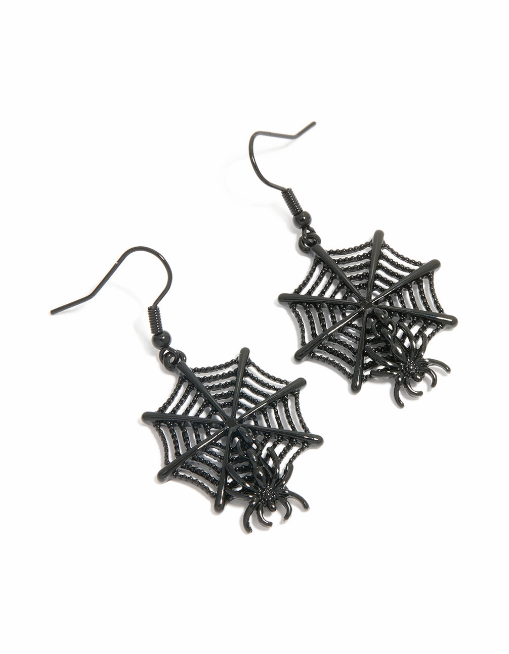 Exclusive Jewelry Black Coated Metal Spiderweb & Spider Drop Earrings