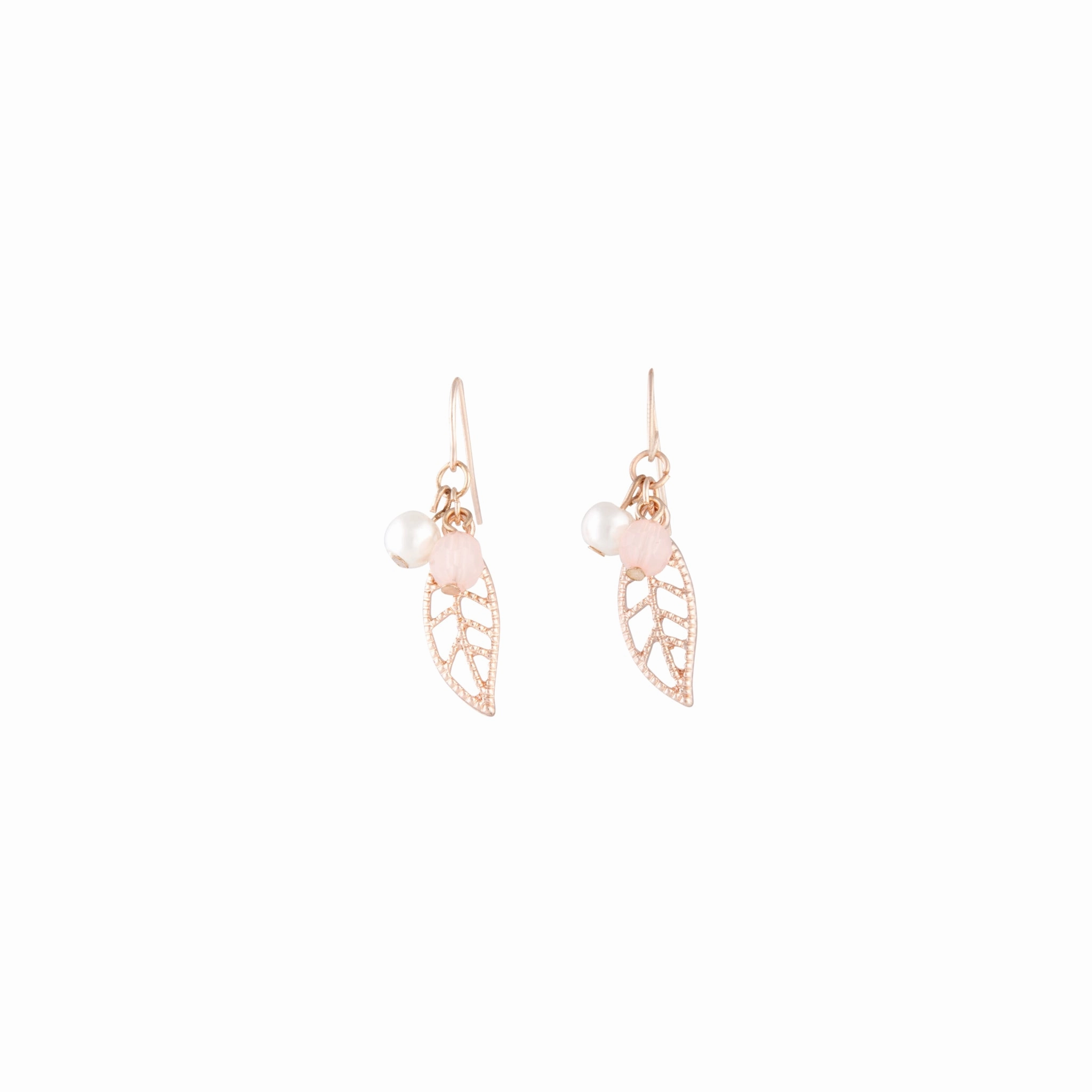 Special Gift Cozy Mood Rose Gold Pink Bead Leaf Drop Earrings