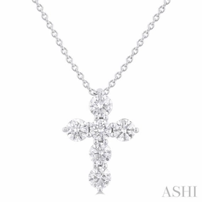 Seasonal Adornment Fashionable Item 1/2 Ctw Round Cut Diamond Christian Cross 6-Stone Fashion Pendant With Chain in 14K White Gold