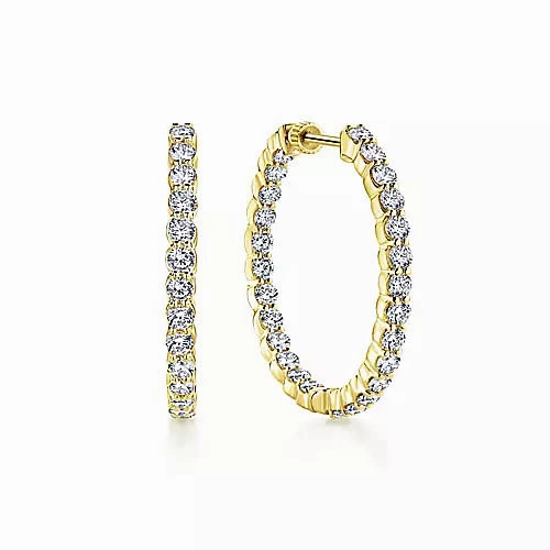 Square Accent 14K Yellow Gold 30mm Round Inside Out Diamond Hoop Earrings