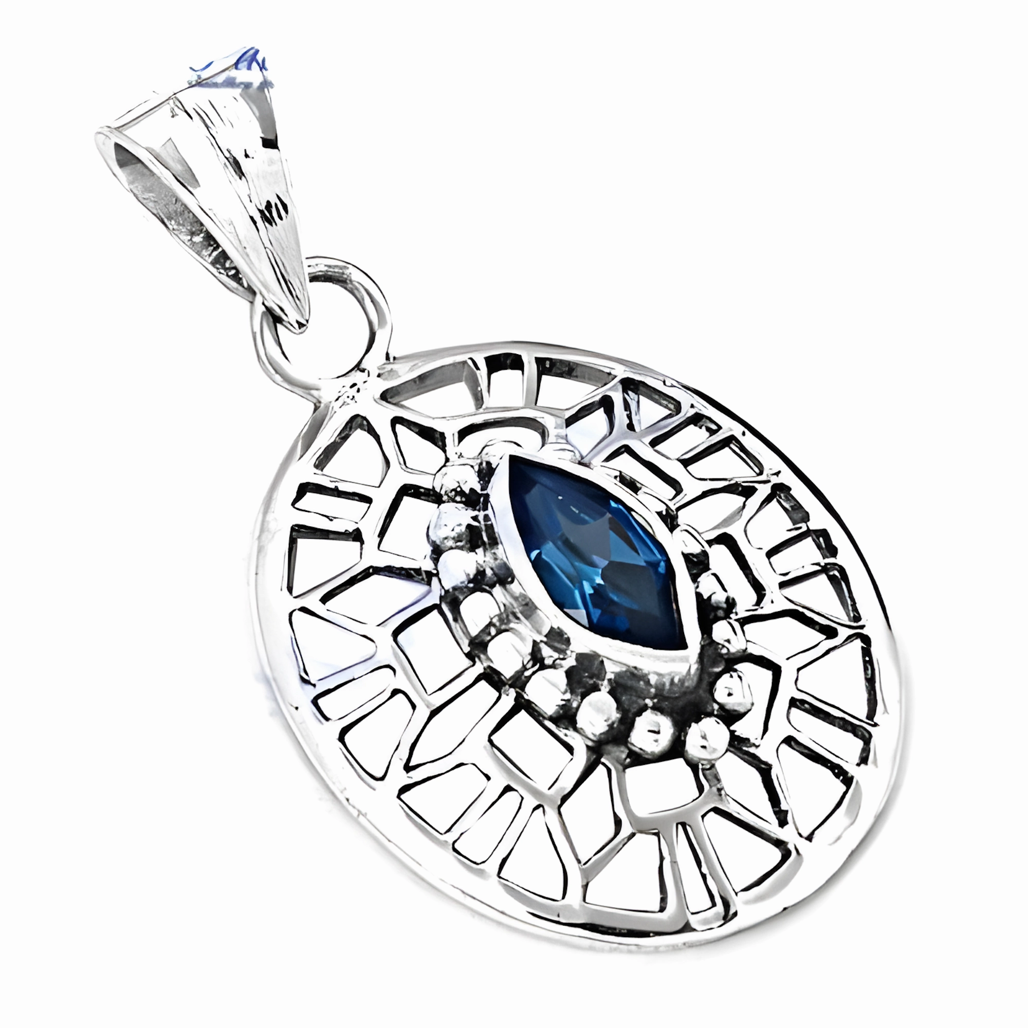 Classic Blue Cubic Zirconia Fretwork Silver Pendant | Designer Blue CZ Pendants Young adult