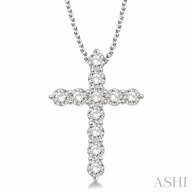 1 1/2 Ctw Round Cut Diamond Cross Pendant in 14K White Gold with Chain Work Gift