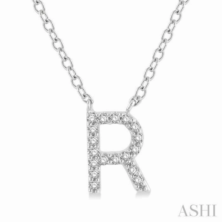Beaded Strand Piece 1/20 Ctw Initial 'R' Round Cut Diamond Pendant With Chain in 14K White Gold