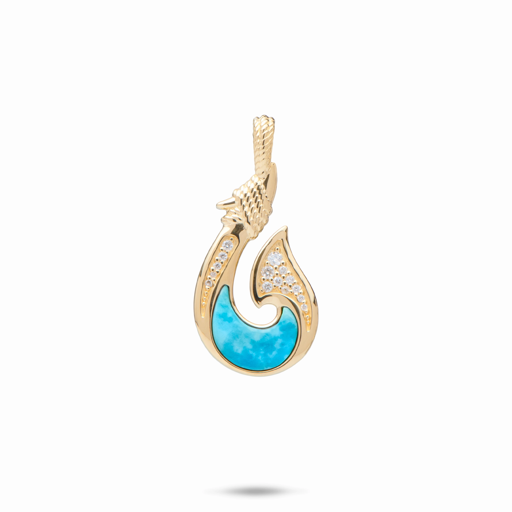 Playful Accent Elegant Choice Sealife Fish Hook Turquoise Pendant in Gold with Diamonds - 27mm