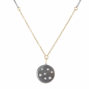 Smart Casual Exclusive piece Black   Gold Disc Necklace on Two-Tone Chain - 14k Gold, Oxidized Silver   VS White Diamonds