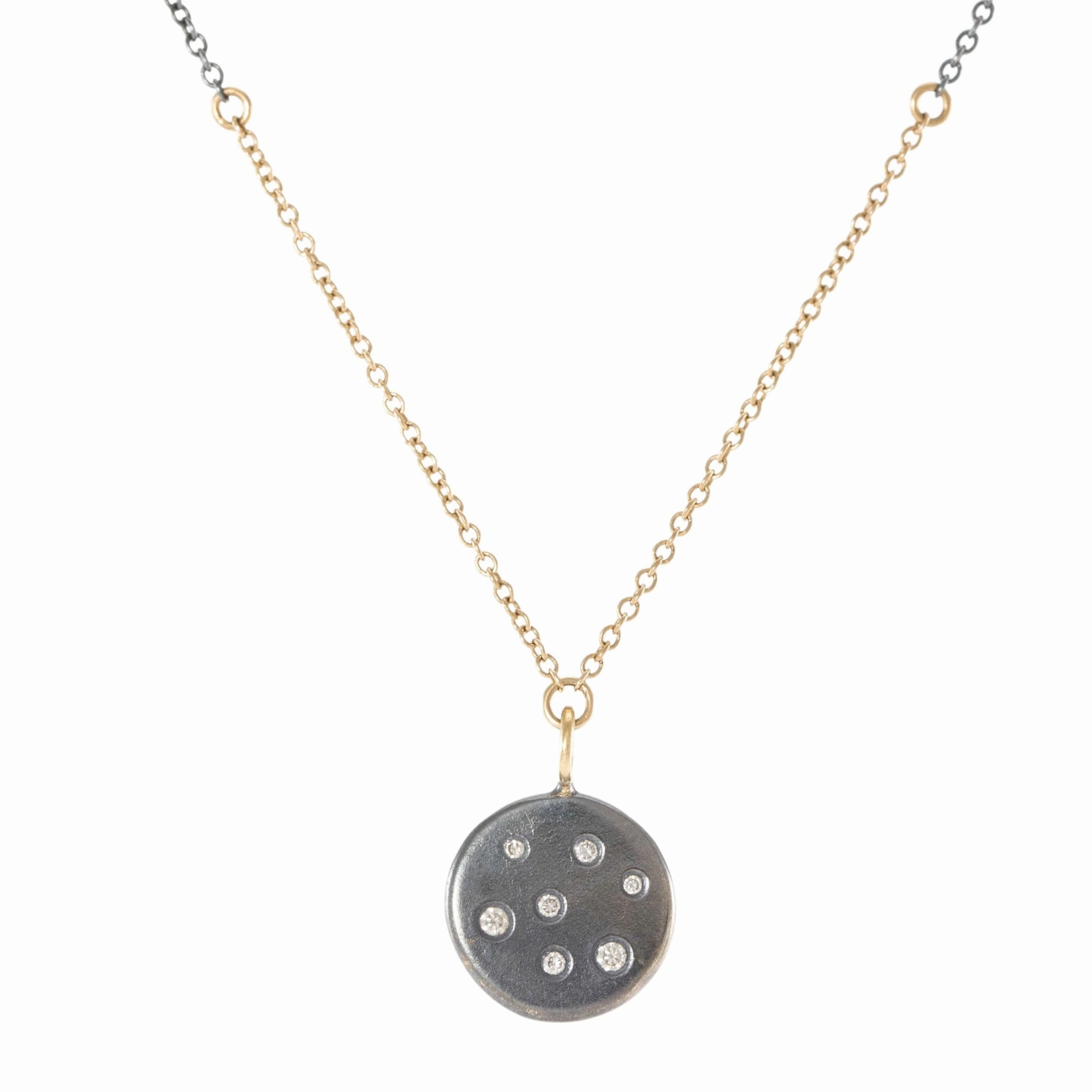 Smart Casual Exclusive piece Black   Gold Disc Necklace on Two-Tone Chain - 14k Gold, Oxidized Silver   VS White Diamonds