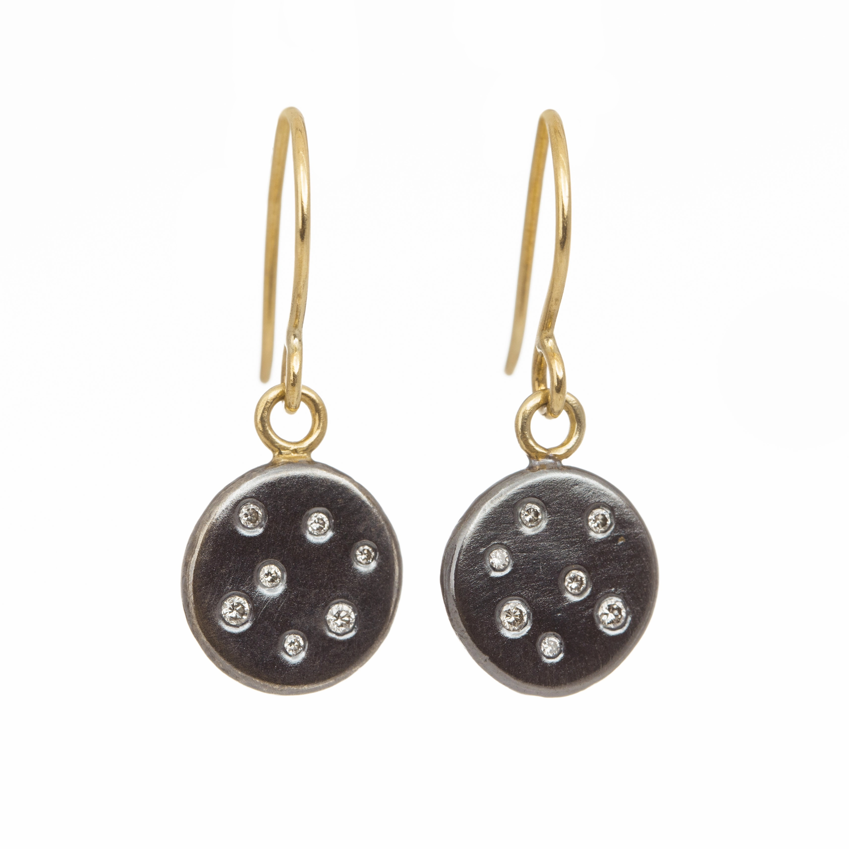 Charming Touch Black   Gold Scattered Diamond Disc Earrings - 18ky Gold, Oxidized Silver   Reclaimed Diamonds