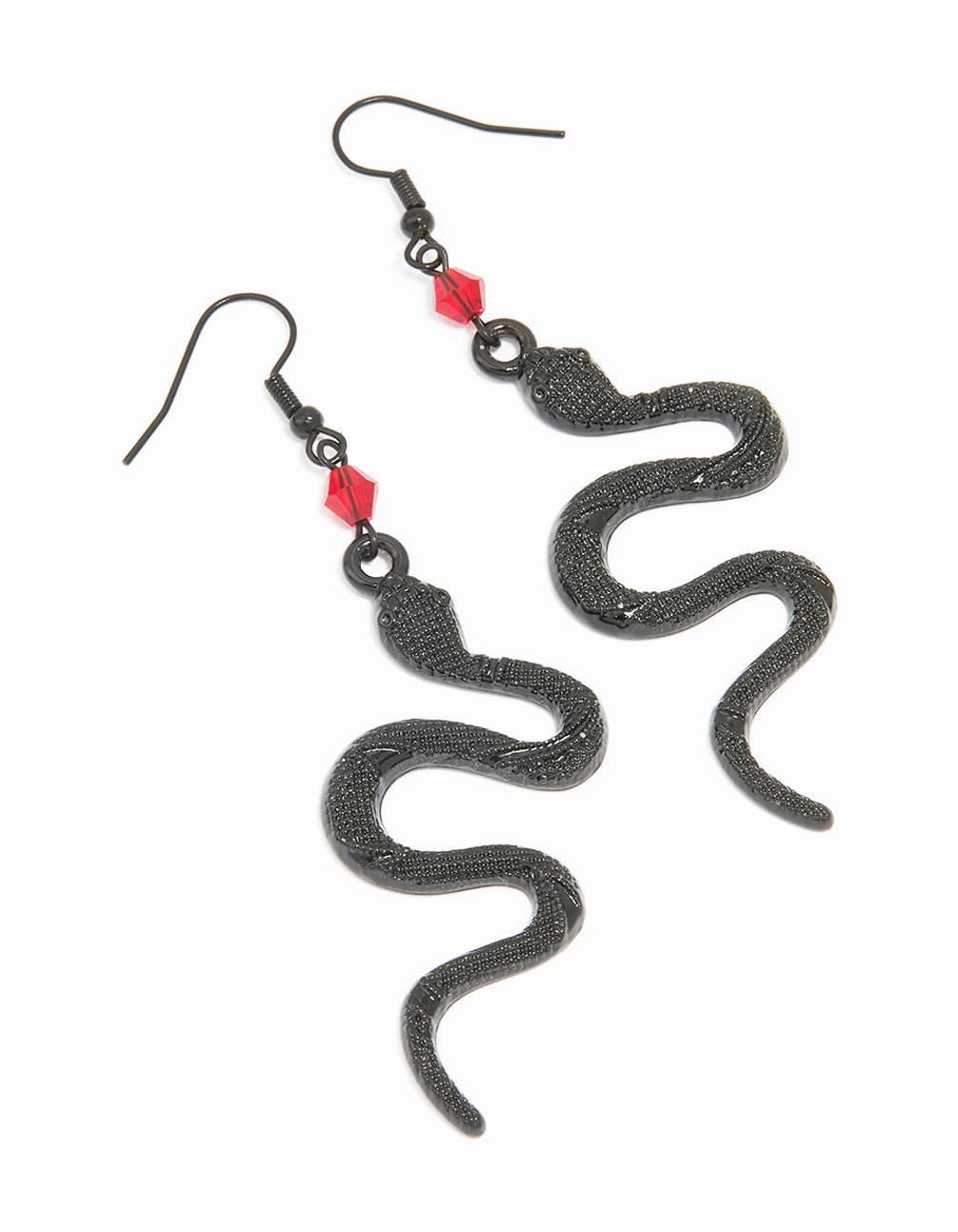Black Coated Metal Snake & Red Beaded Drop Earrings Wedding Outfit Elegant Treasures