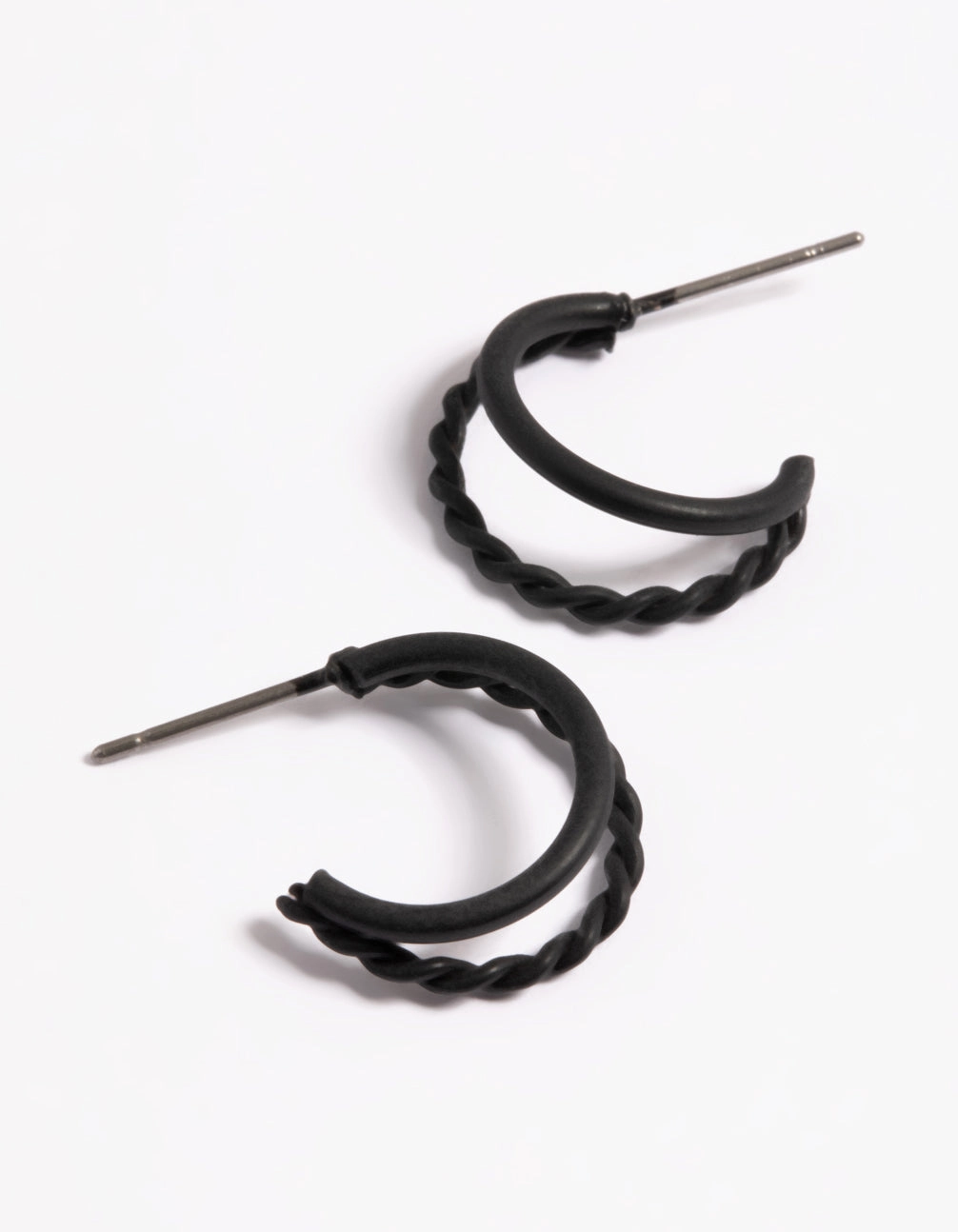 Daily Layer Black Coated Plain & Twist Double Huggie Earrings