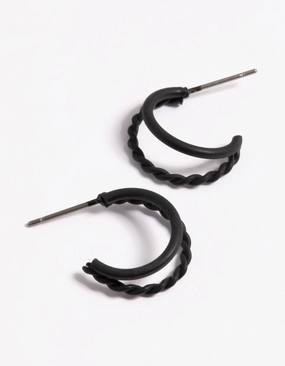 Daily Layer Black Coated Plain & Twist Double Huggie Earrings